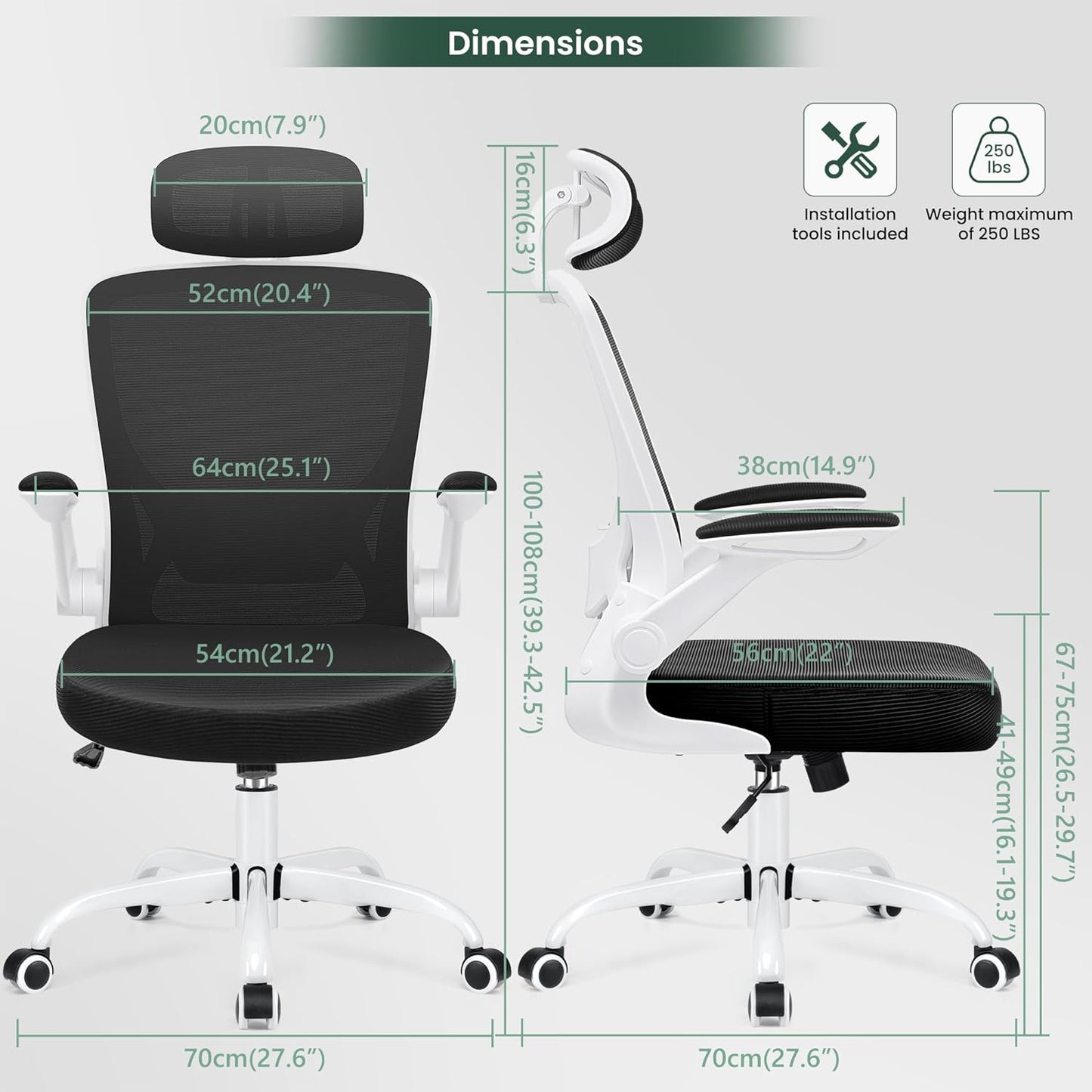 Ergonomic Office Chair, Breathable Mesh Desk Chair, Lumbar Support Computer Chair with Headrest and Flip-Up Arms, Swivel Task Chair, Adjustable Height Gaming Chair, White