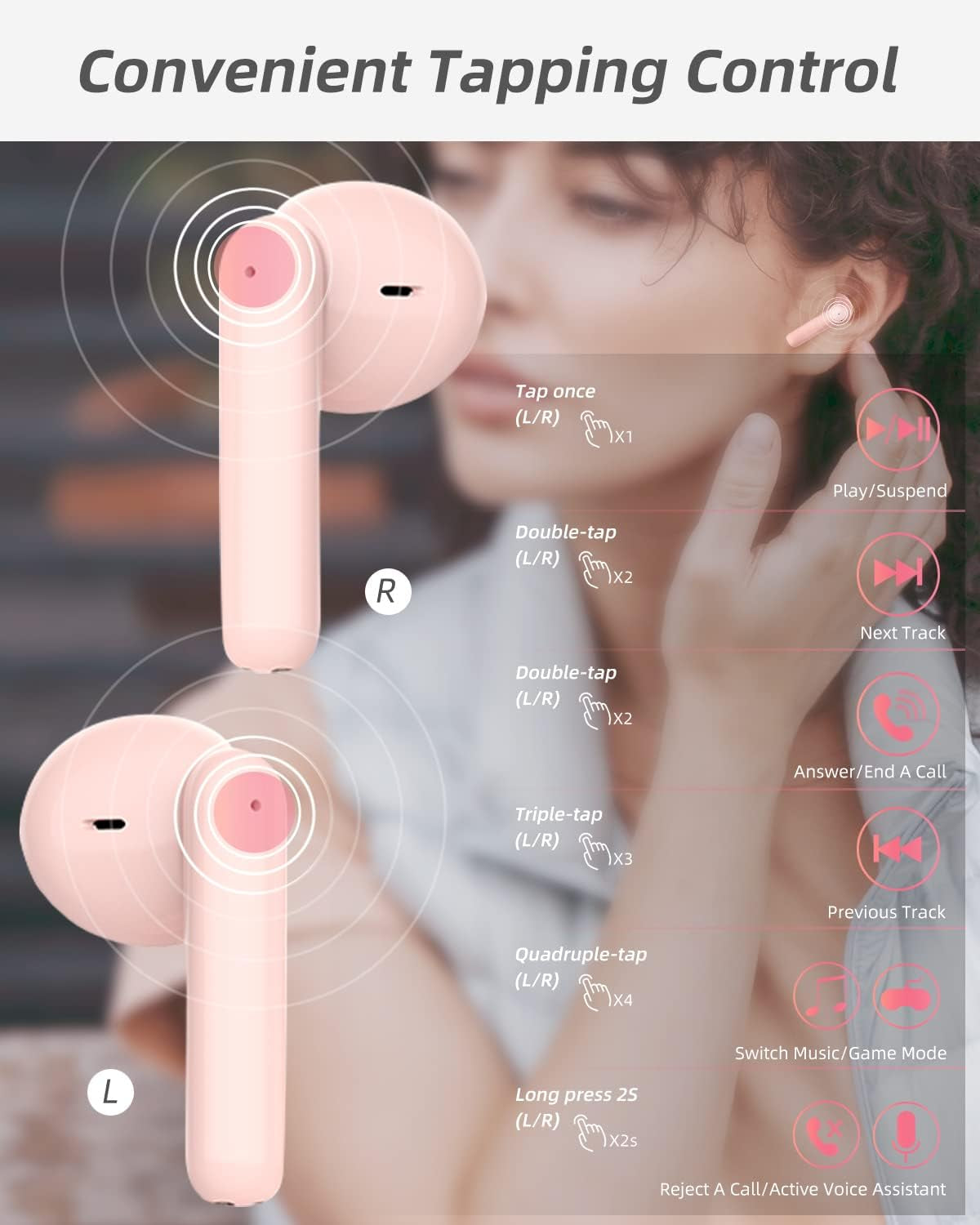 Wireless Earbuds Bluetooth Earbuds Noise Cancelling Earbuds Wireless Earphones Built in Mic Handset 36H Playtime Wireless Earbuds IP55 Waterproof Earbuds for Sport Women Girls Gifts Ideas,Pink